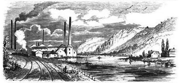 Vue des usines à gauche, la Meuse au milieu, une ferme et les collines à droite
