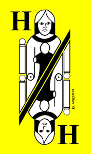 logo sous forme de carte à jouer représentant de part et d'oautre de la barre oblique la Vierge d'Hermalle et le H qui se retrouve deux fois dans le nom du village